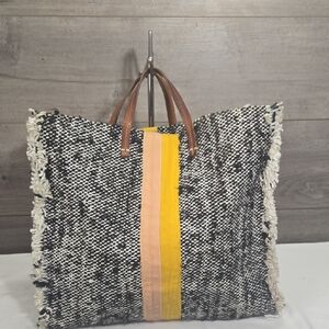 Clare V. Woven Black & White Tote with Yellow Accent - Leather Handles